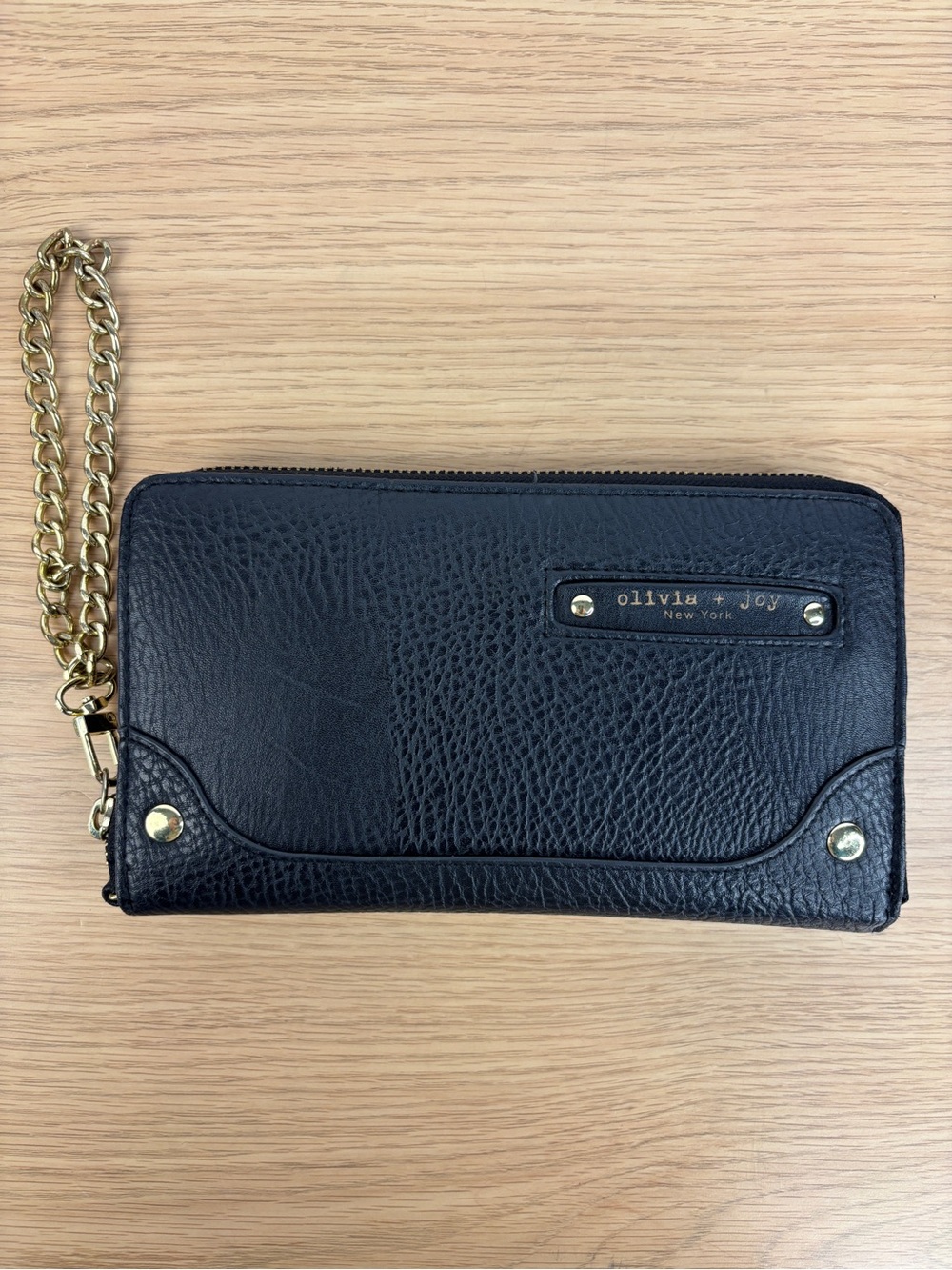 Olivia + Joy Black Faux Leather Wristlet with Gold Chain Strap LIKE NEW